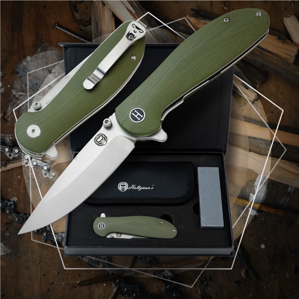 The Straight Back Folding Pocket Knife Giftset for Men and Women (Silver and Green)