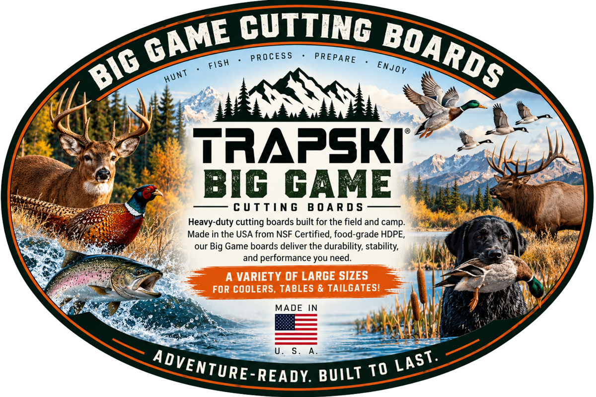 TRAPSKI Big Game Cutting Chopping Board 3/8 Inch Thick | Tailgates, Tables & Coolers | Optional Non-Skid Rubber Feet, Wide Juice Groove | Food-Grade HDPE