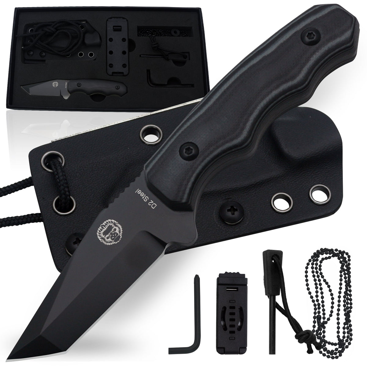 The Wakizashi Survival Neck Knife Giftset for Outdoors (Black Blade + Green Liner)