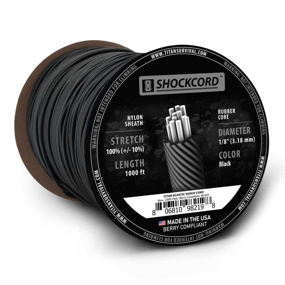 1/8" Black Shock Cord, 1000 FT SPOOL